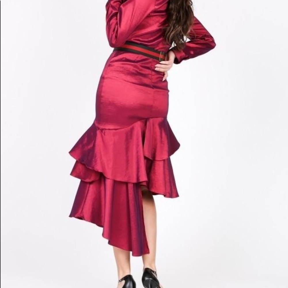 Asymmetrical Ruffle Bottom Satin Skirt - Picture 3 of 4